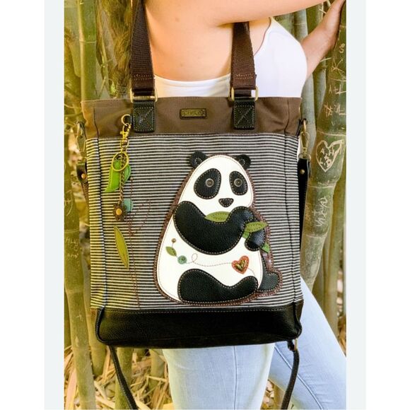 CHALA Panda Work Tote Shoulder Bag  Black Stripes 12.5" x 15" x 3.5" Bear Lovers - Picture 1 of 12